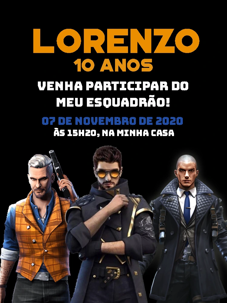 Convite Aniversário Free Fire com Personagens para Editar Online
