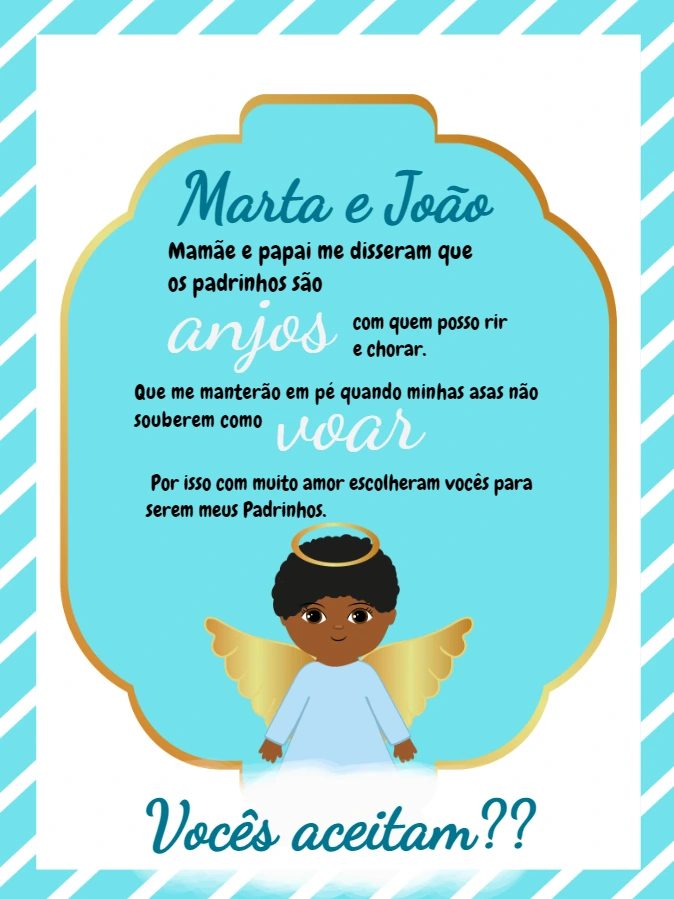 Convite para Padrinhos de Batismo Anjinho Negro para Editar