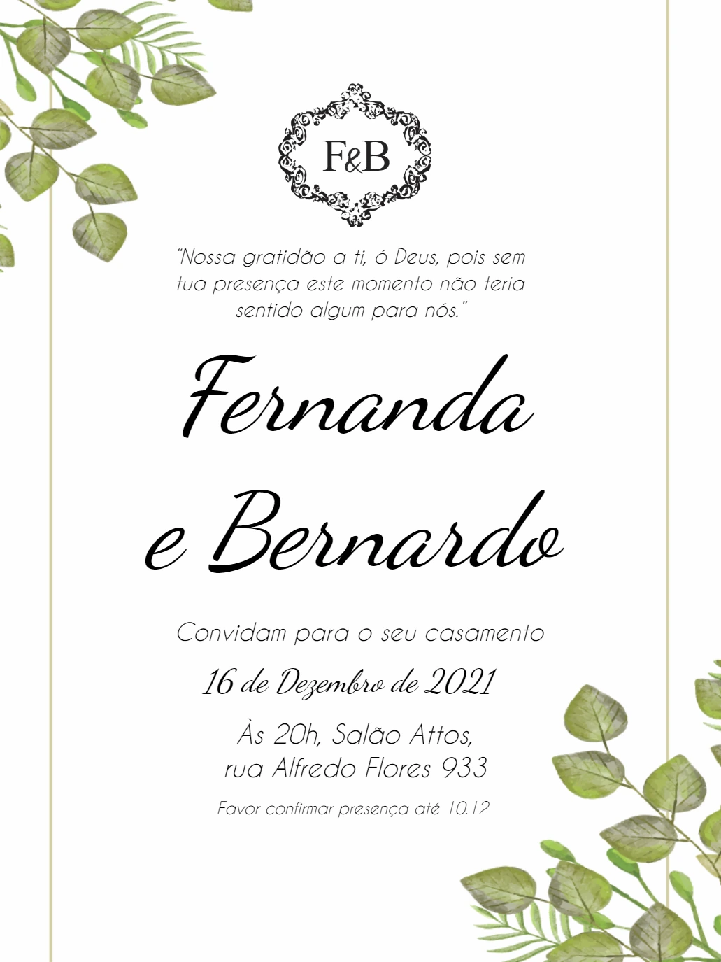 Convite de Casamento Botânico com Folhas para Editar Online