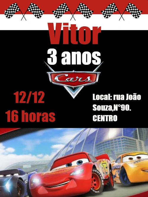 Convite de Aniversário Carros com Relâmpago McQueen para Editar