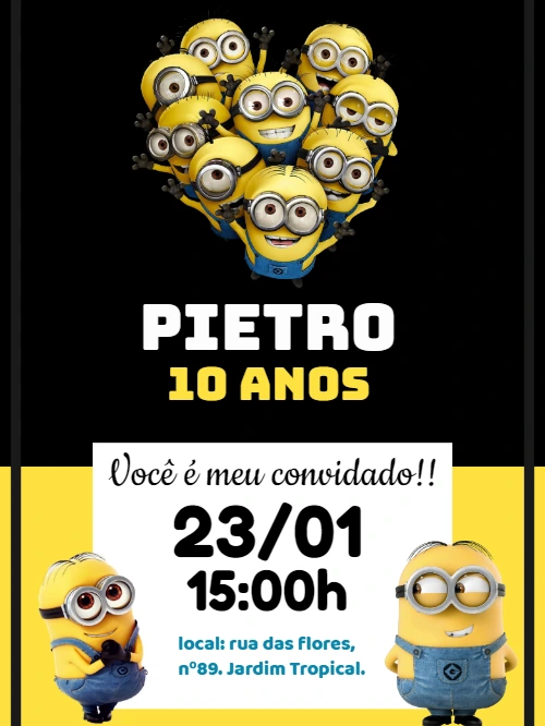 Convite de Aniversário Minions para Editar e Enviar Online