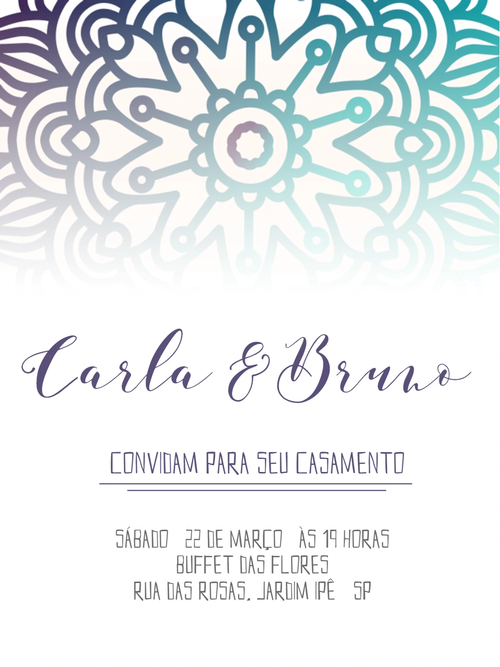 Convite de Casamento com Mandala Verde e Lilás para Editar