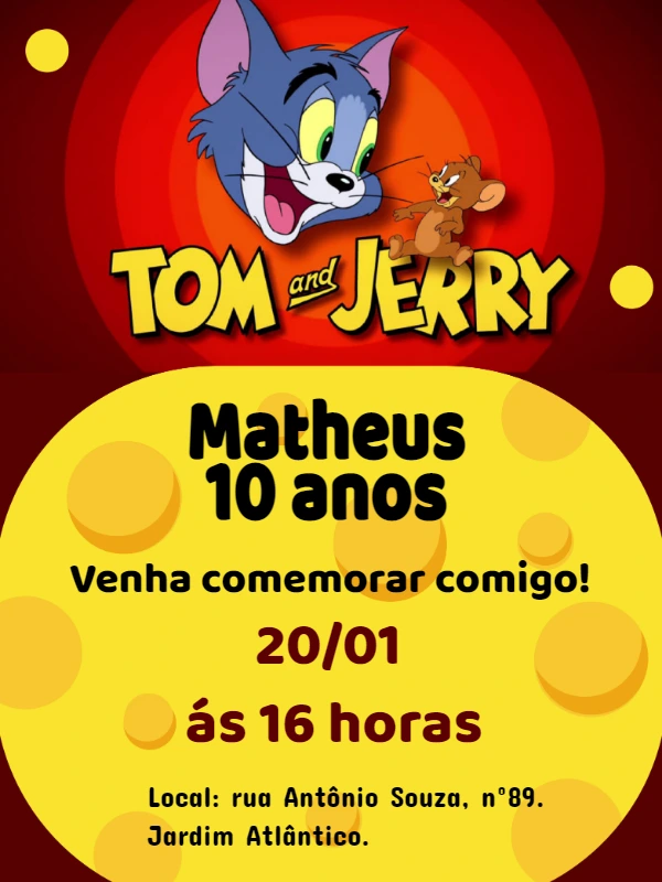 Convite de Aniversário Tom e Jerry para Editar Online
