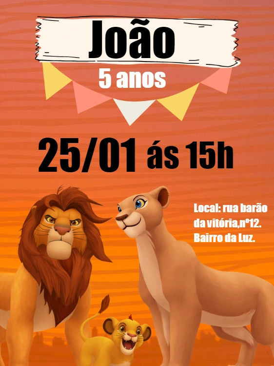 Convite de Aniversário Tema Rei Leão para Editar Online