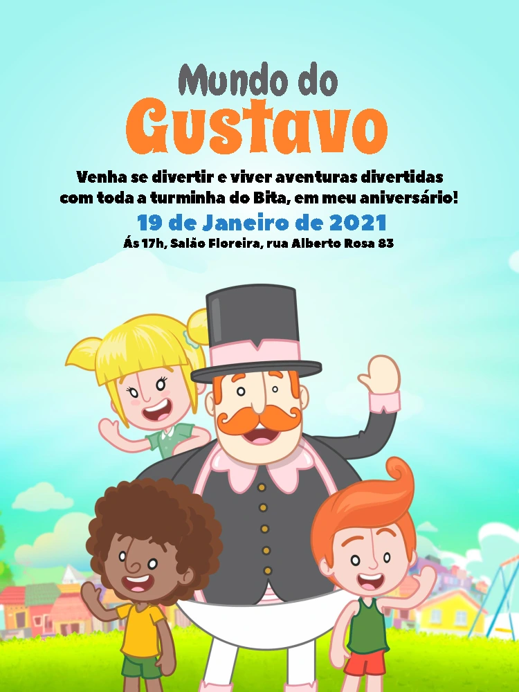 Convite Aniversário Mundo Bita com a Turma para Editar Online