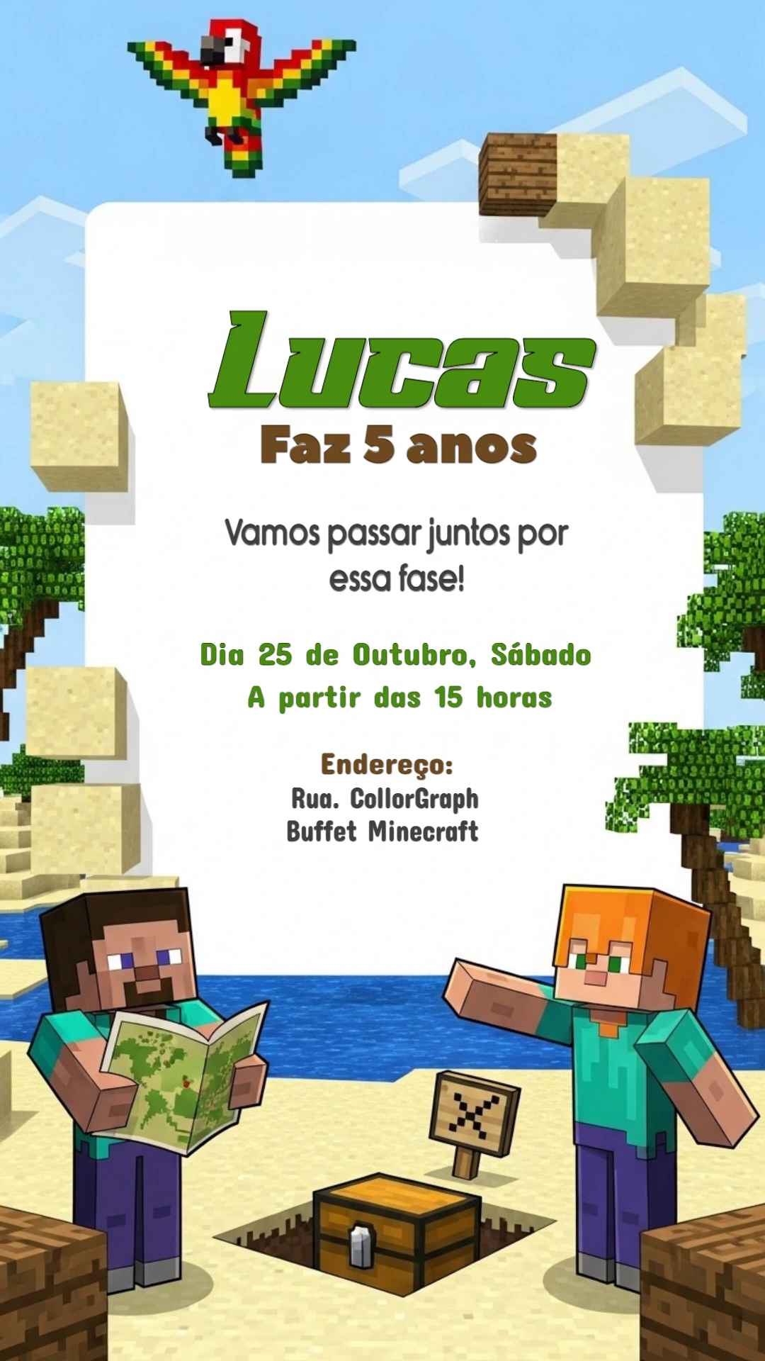 Convite de Aniversário Minecraft com Personagens para Editar