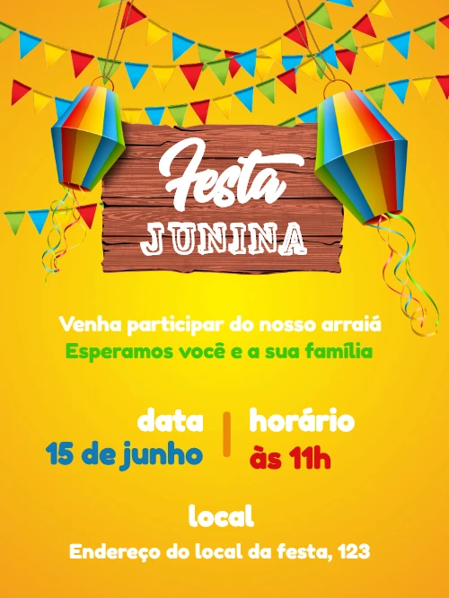 Convite de Festa Junina Colorido com Balões para Editar Online