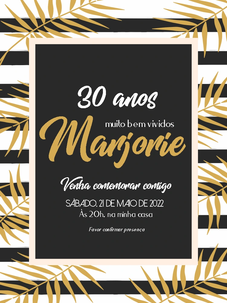 Convite Aniversário Tropical Chique com Folhas Douradas para Editar