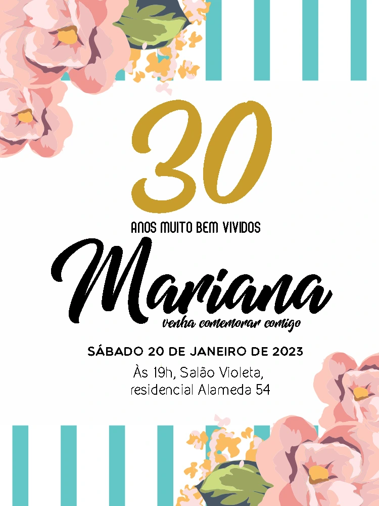 Convite de Aniversário Floral Listrado para Editar Online