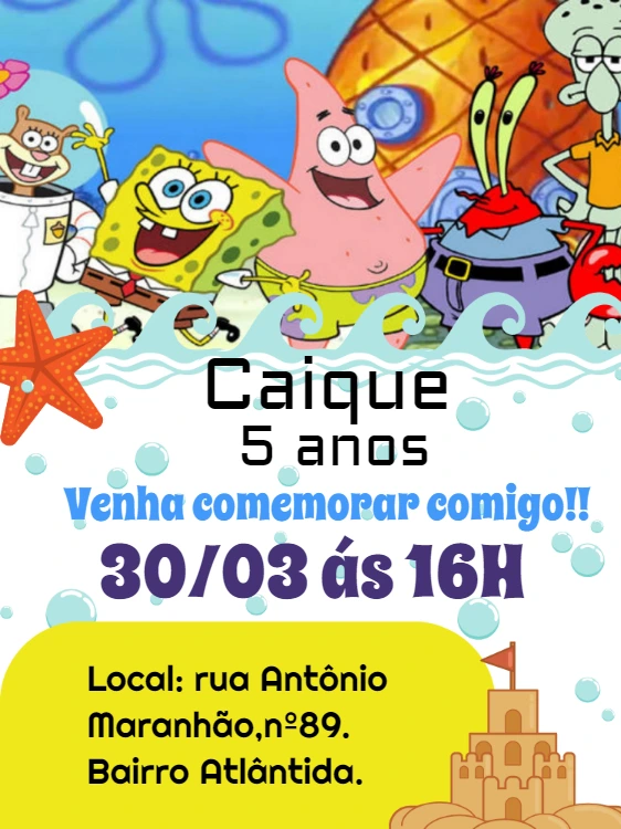 Convite Aniversário Bob Esponja e Turma para Editar Online