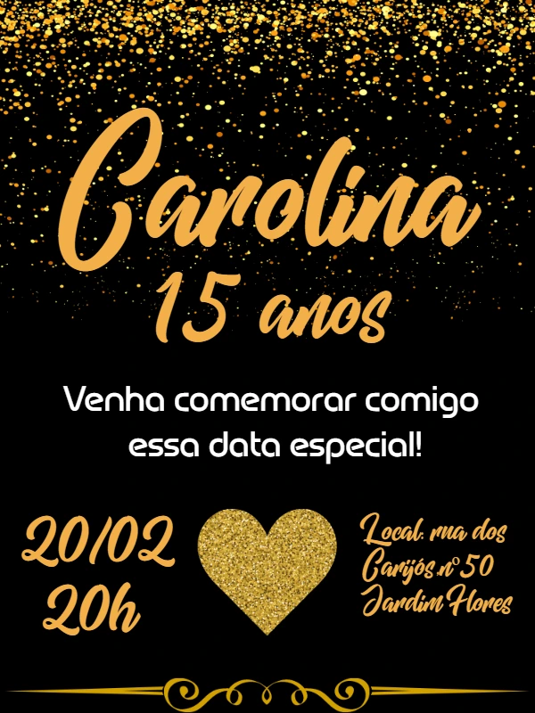 Convite de Aniversário Glitter Dourado para Editar Online