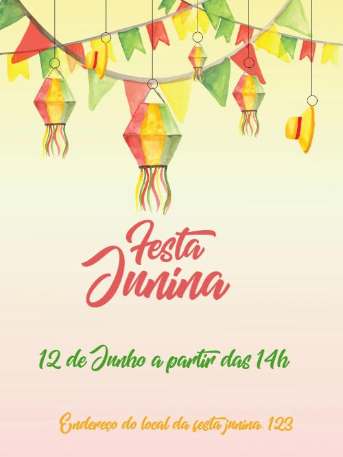 Convite de Festa Junina Aquarela com Bandeirinhas para Editar
