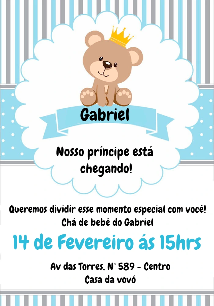 Convite Chá de Bebê Ursinho Príncipe para Editar Online
