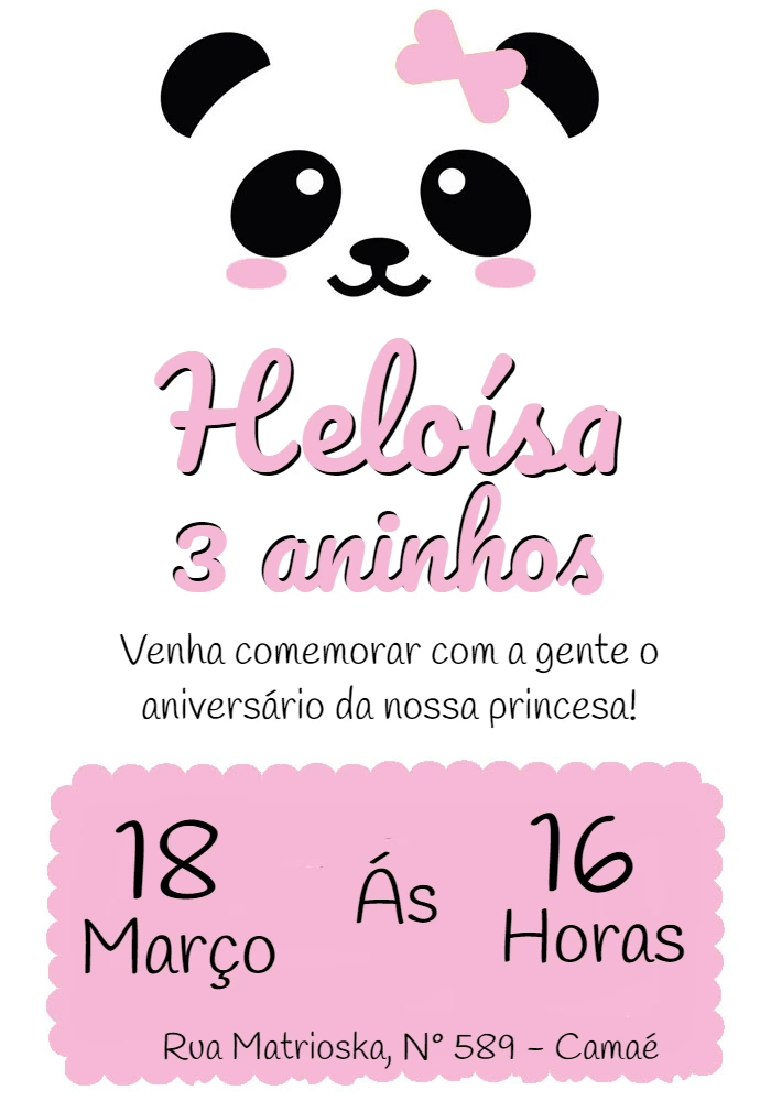 Convite Aniversário Panda Menina para Editar Online