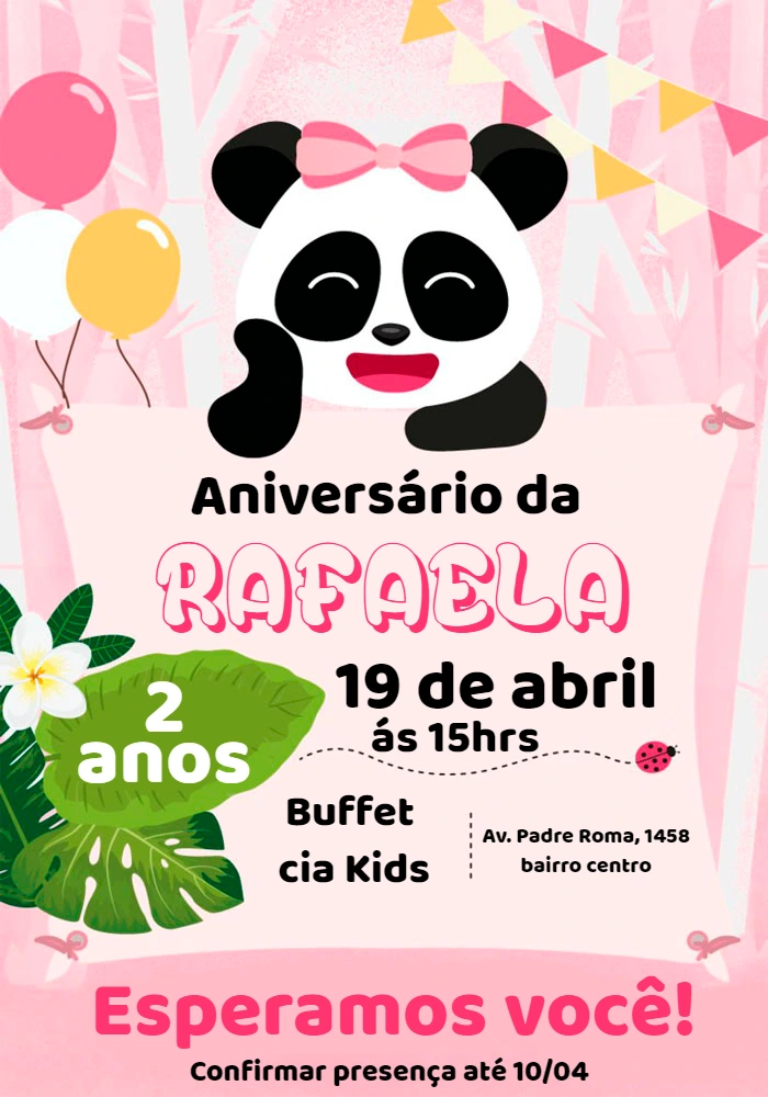 Convite de Aniversário Panda Rosa para Editar Online