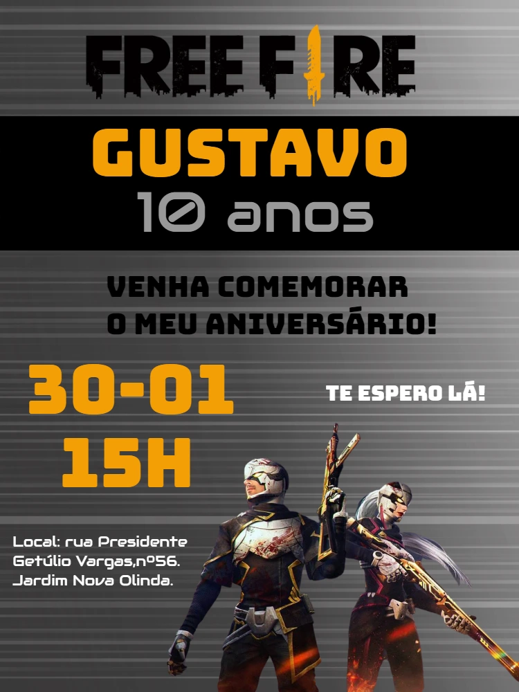 Convite de Aniversário Free Fire com Personagens para Editar