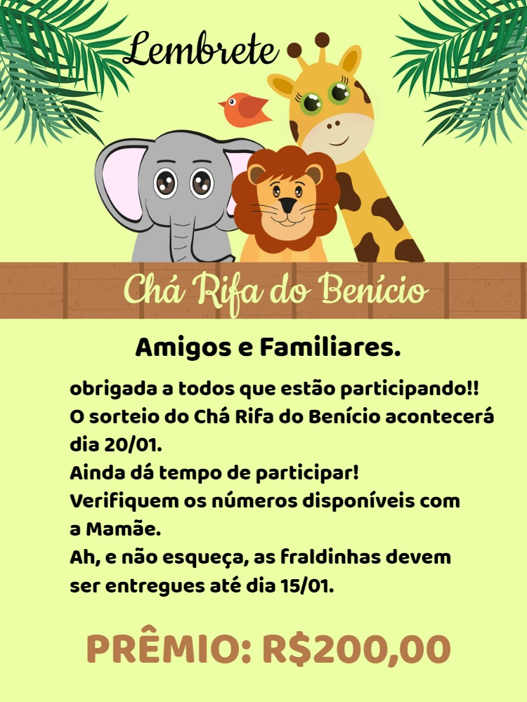 Lembrete Chá Rifa Safari com Animais para Editar Online