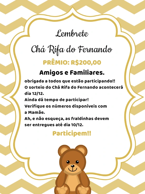 Lembrete Chá Rifa Ursinho Dourado para Editar Online