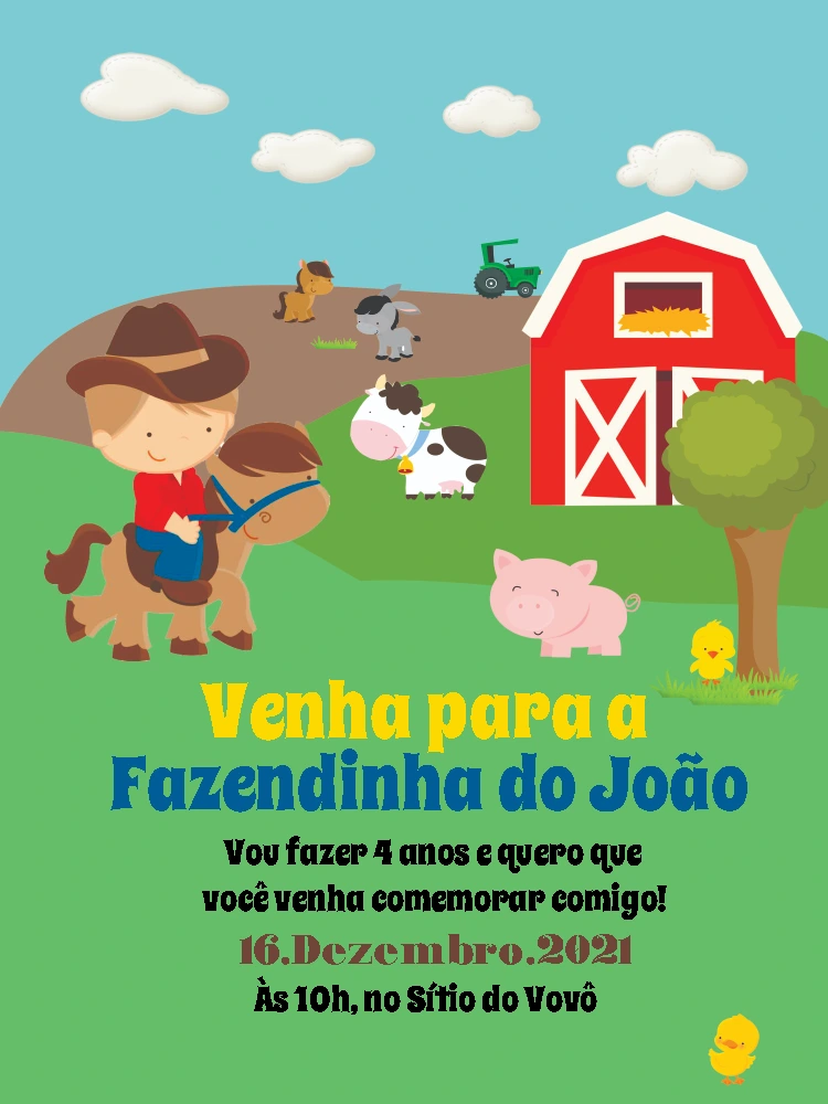 Convite de Aniversário Fazendinha com Animais para Editar Online