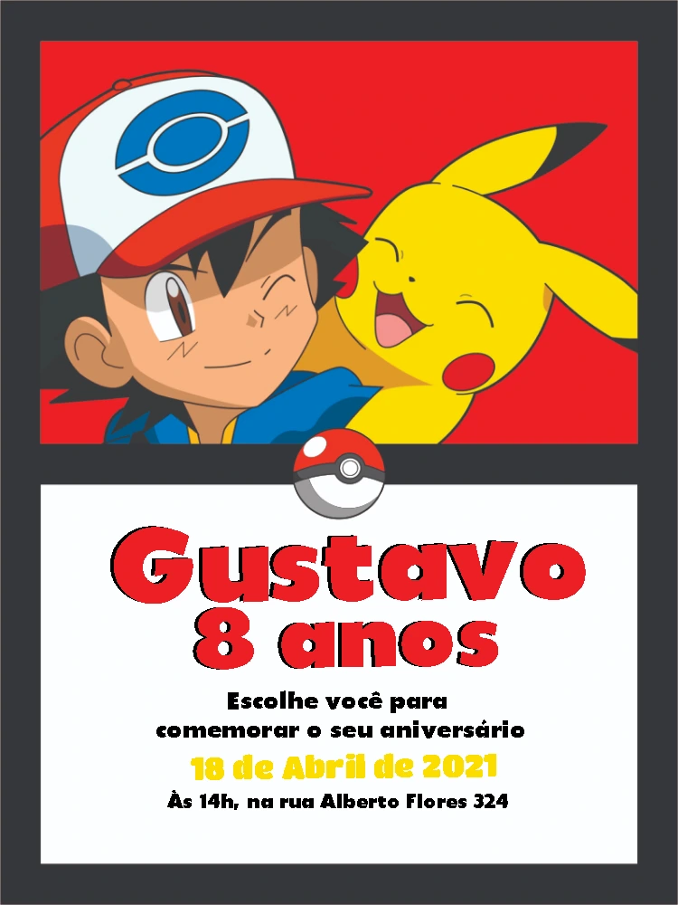 Convite de Aniversário Pokémon com Ash e Pikachu para Editar