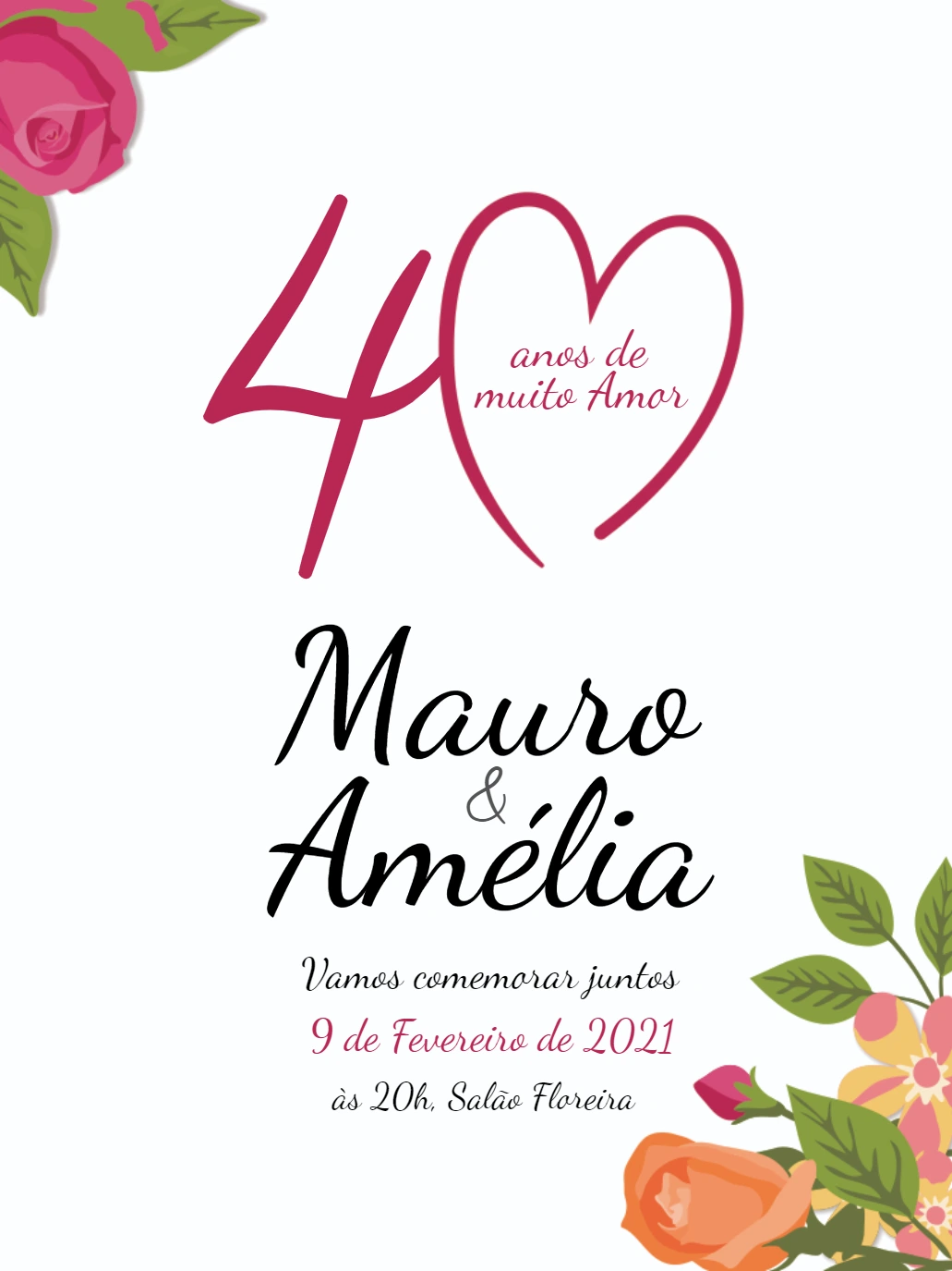 Convite de Bodas 40 Anos Floral com Coração para Editar
