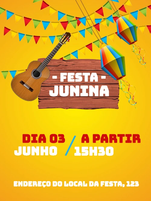 Convite Festa Junina com Violão e Bandeirinhas para Editar