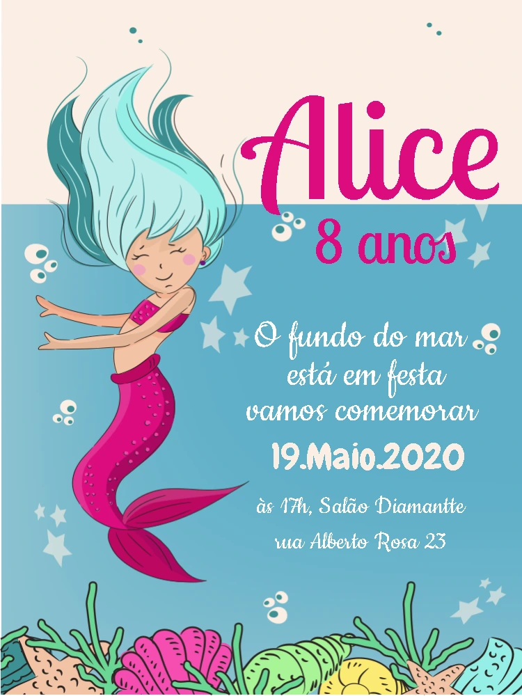 Convite de Aniversário Sereia Fundo do Mar para Editar Online