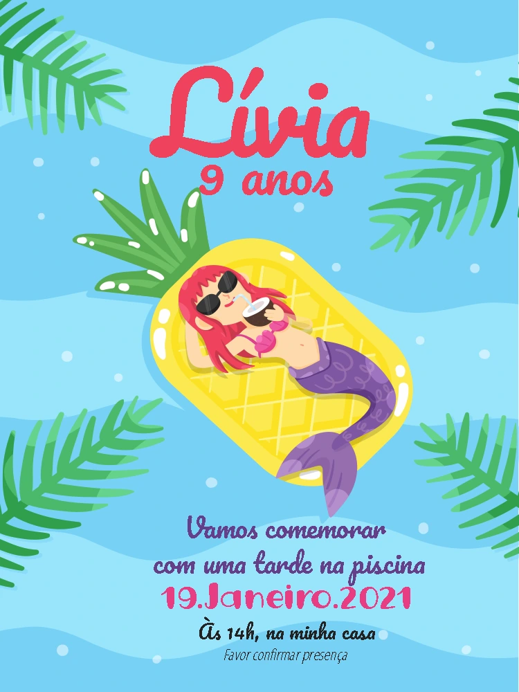 Convite Aniversário Sereia na Piscina para Editar Online
