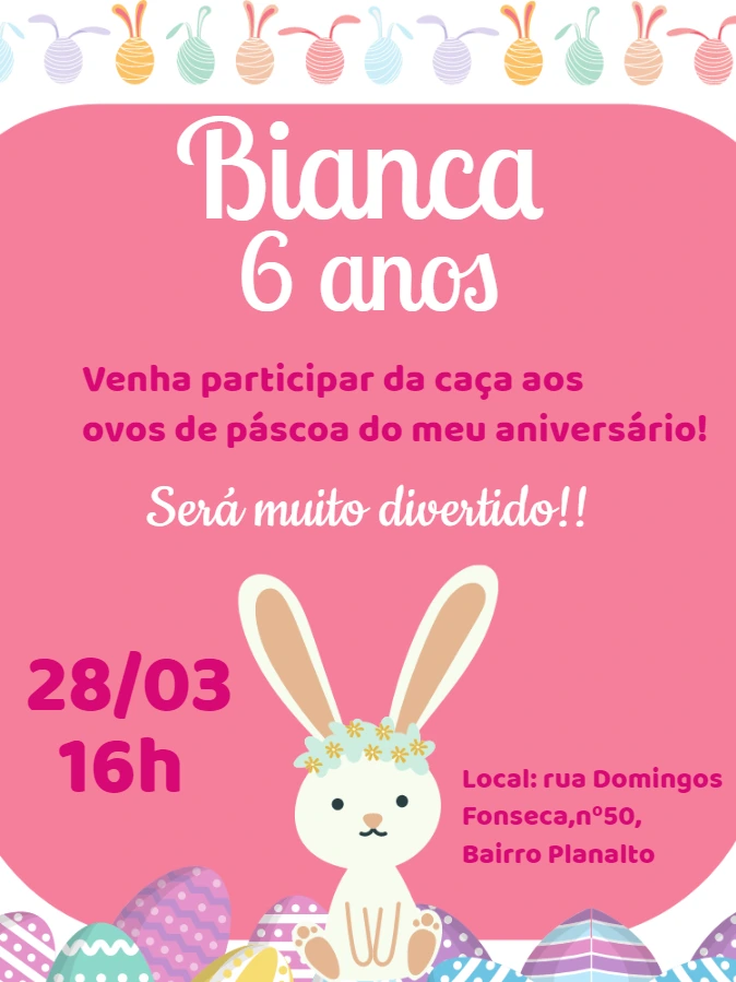 Convite Aniversário Páscoa com Coelhinha para Editar Online
