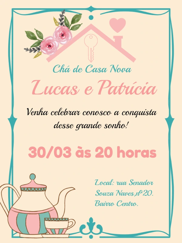 Convite Chá de Casa Nova com Flores e Bule para Editar Online