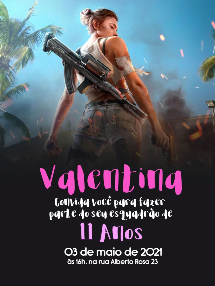 Convite Aniversário Free Fire Feminino para Editar Online