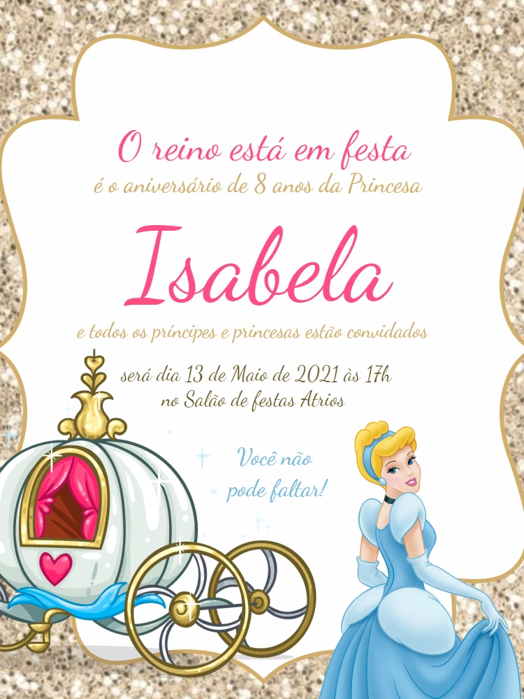 Convite Aniversário Princesa Cinderela Editável Online