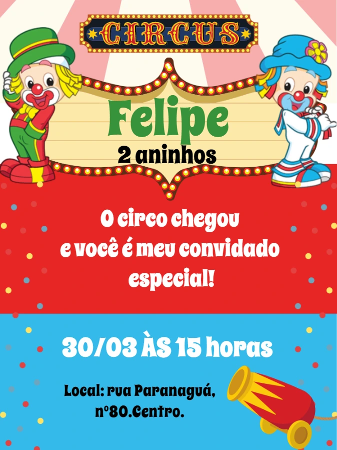Convite de Aniversário Circo com Palhaços para Editar Online