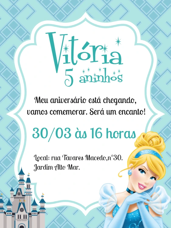 Convite Aniversário Cinderela para Editar Online