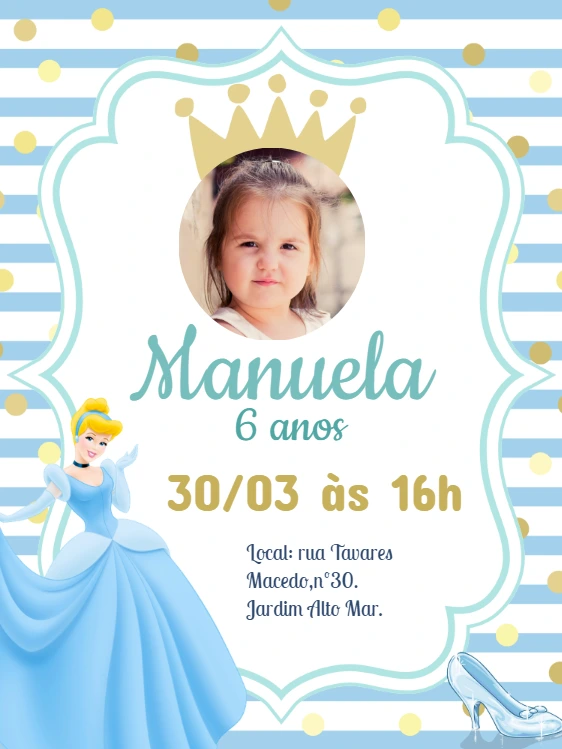 Convite Aniversário Cinderela com Foto para Editar Online