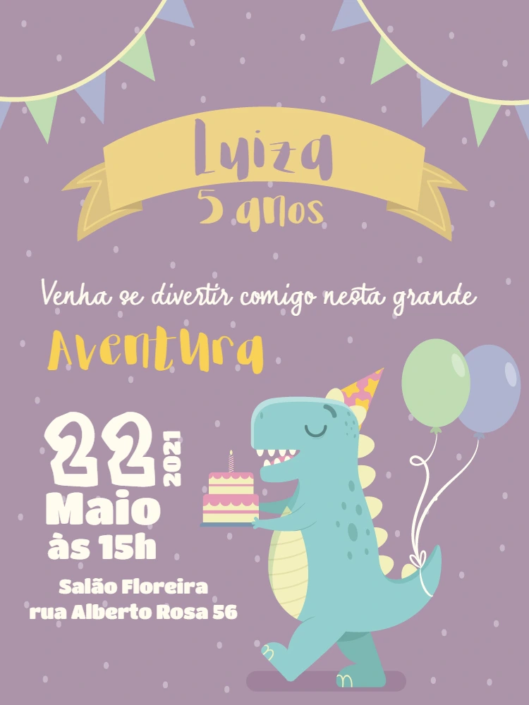 Convite de Aniversário Dinossauro Menina para Editar Online
