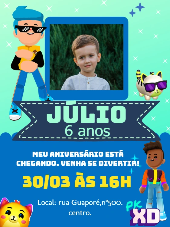 Convite Aniversário PK XD com Foto para Editar Online