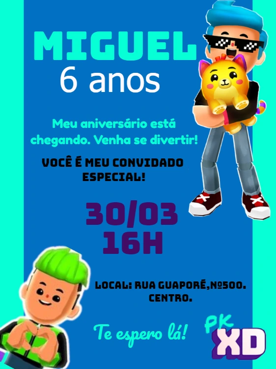Convite de Aniversário PK XD com Personagens para Editar Online