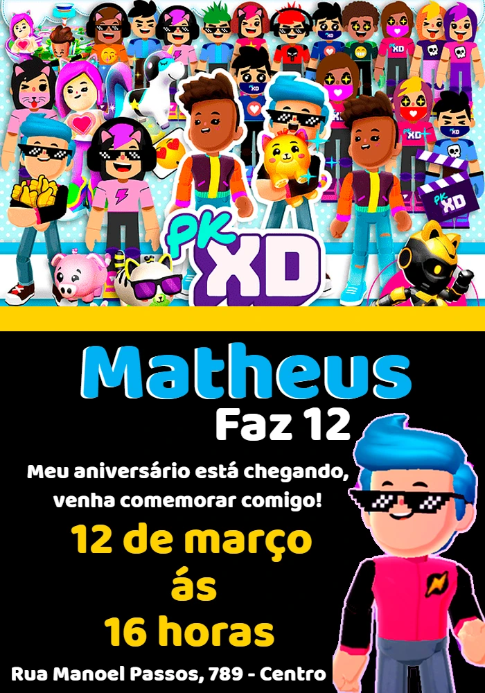 Convite de Aniversário PK XD com Personagens para Editar Online