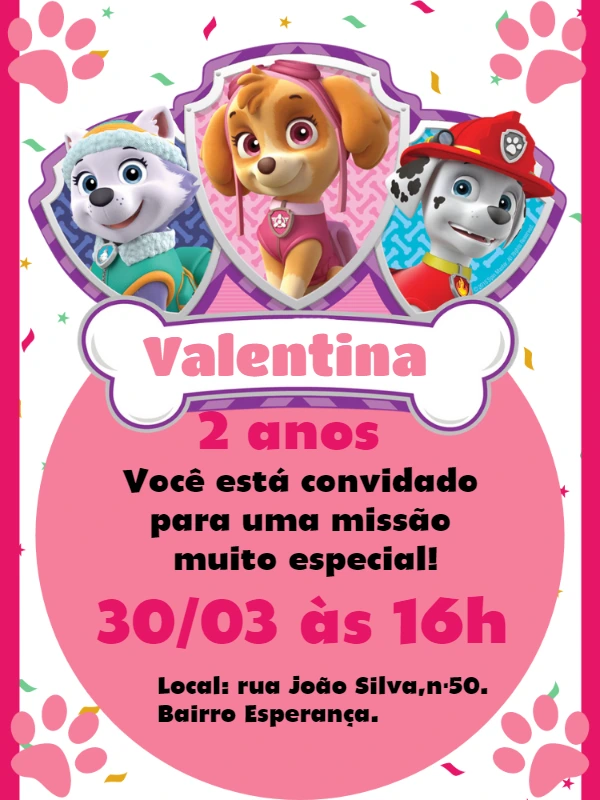 Convite Aniversário Patrulha Canina Menina para Editar Online
