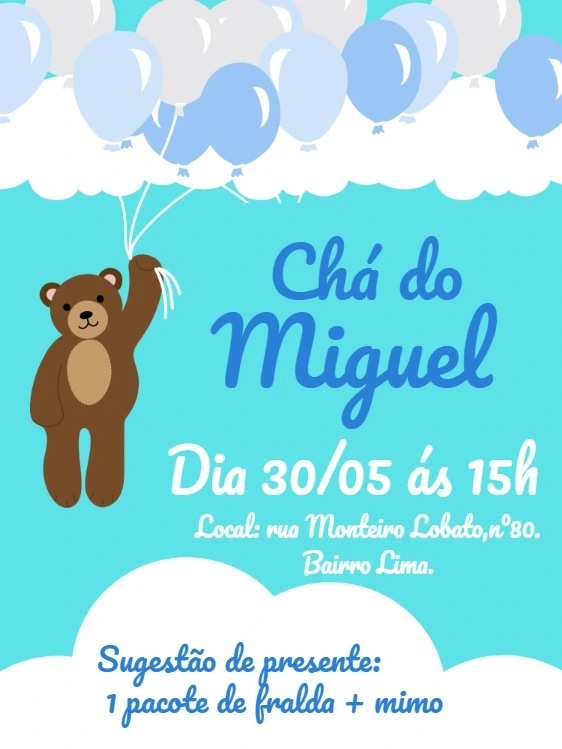 Convite Chá de Bebê Ursinho com Balões para Editar Online