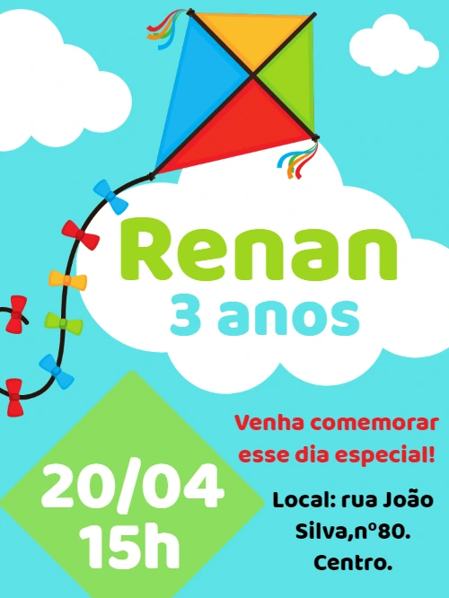 Convite de Aniversário Infantil Pipa para Editar Online