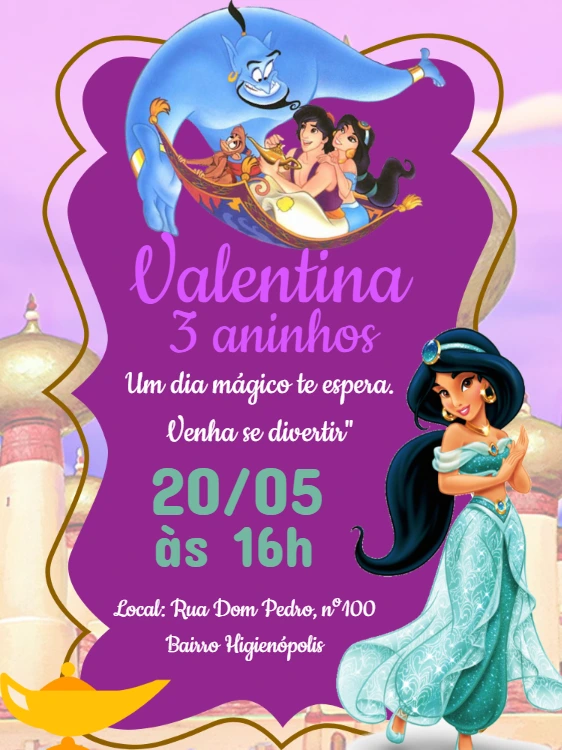 Convite Aniversário Jasmine e Aladdin para Editar Online