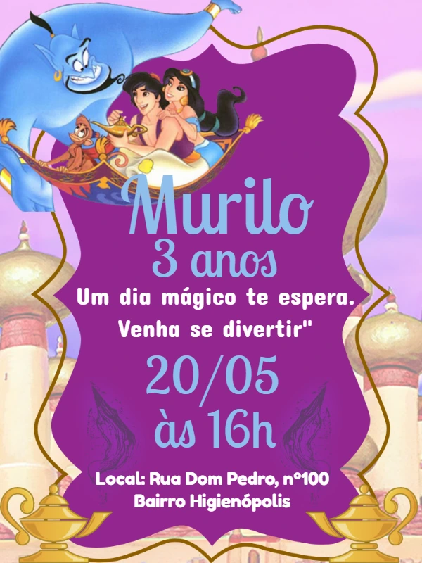 Convite de Aniversário Aladdin com Personagens para Editar Online