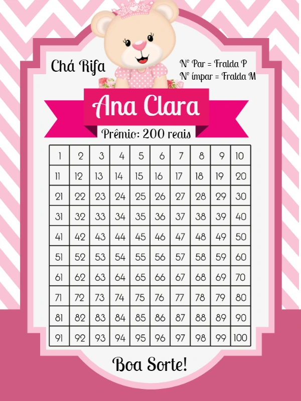 Chá Rifa Ursinha Princesa Editável para Chá de Bebê