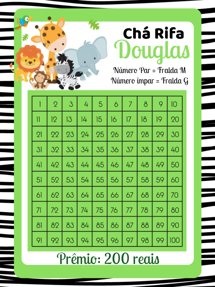 Chá Rifa Safari com Bichinhos Editável para Chá de Bebê