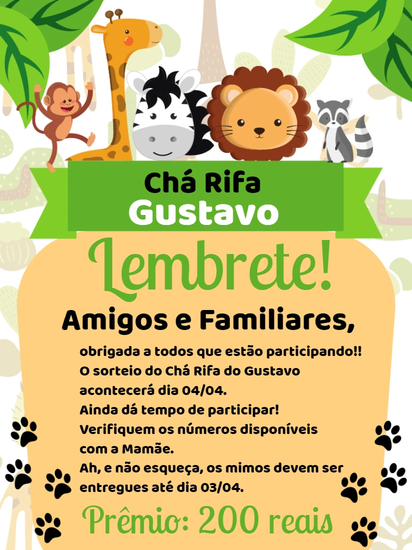 Lembrete Chá Rifa Safari com Animais para Editar Online