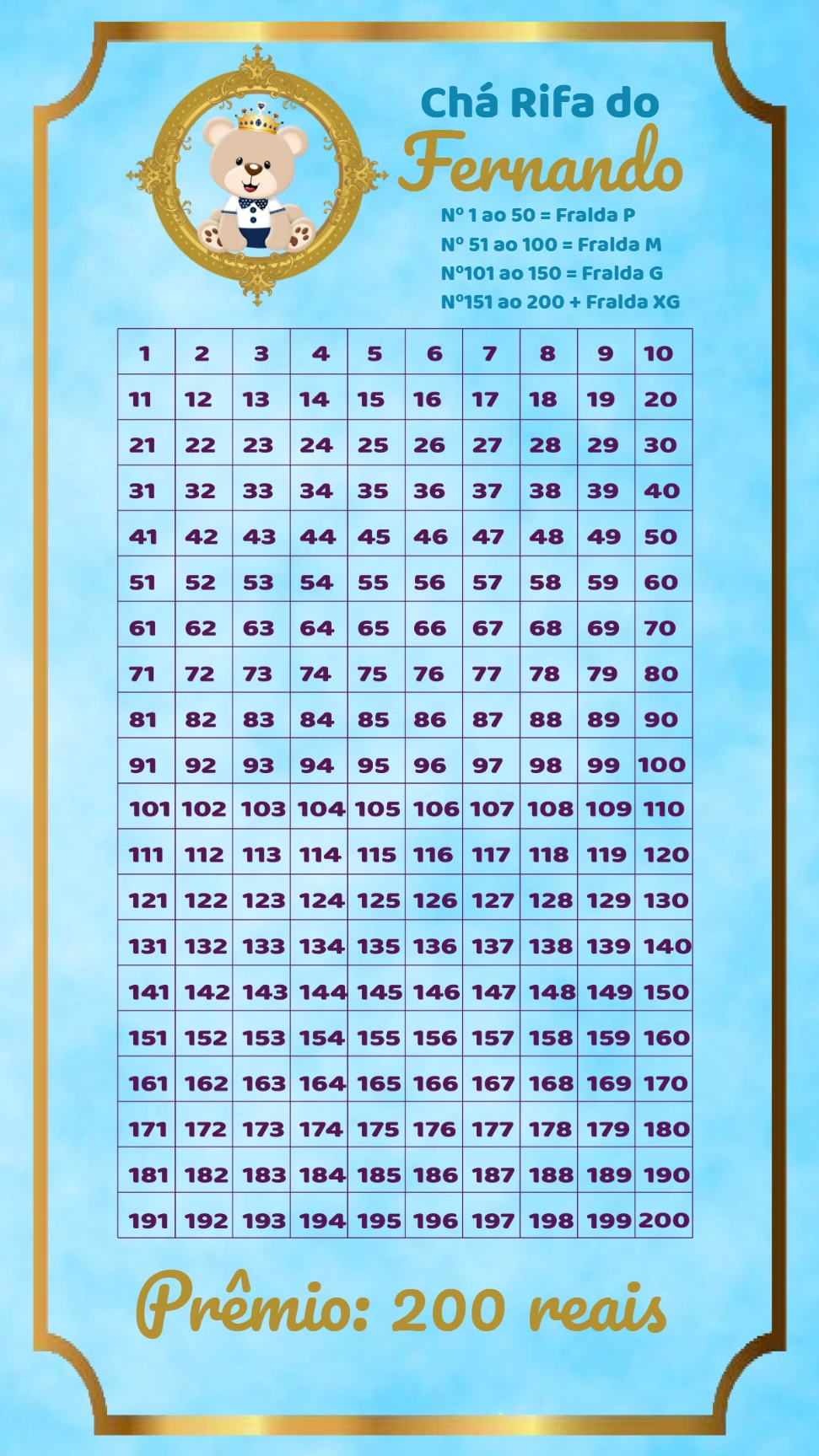 Convite Chá Rifa Ursinho Príncipe Editável para Enviar Online