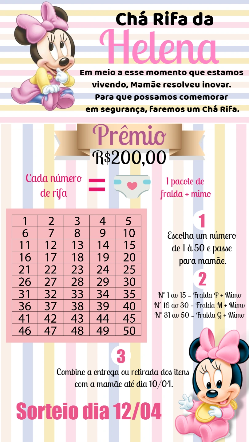 Convite Chá Rifa Minnie Baby com Números para Editar Online