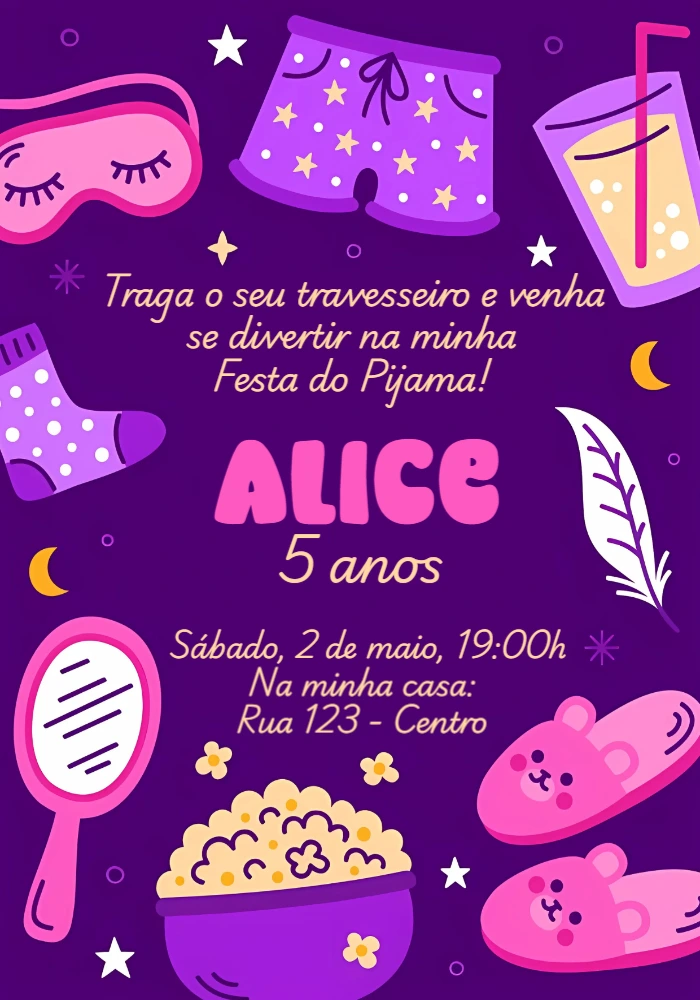 Convite de Aniversário Festa do Pijama Roxo para Editar